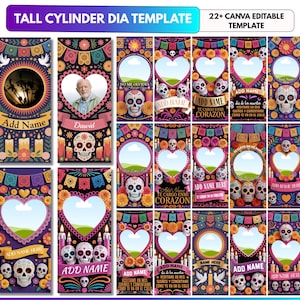 Può includere: Una collezione di ventidue modelli di cilindri alti con temi del Giorno dei Morti, con teschi di zucchero, fiori di calendula, striscioni colorati di papel picado, candele e cornici per foto a forma di cuore con segnaposto di testo.
