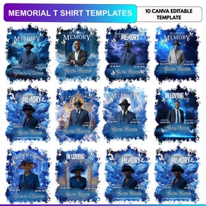 May include: A collection of twelve digital memorial t-shirt templates featuring blue cloud backgrounds, white doves, and the text In Loving Memory. Each design includes placeholders for a portrait, a name, and dates. The header reads Memorial T Shirt Templates and 10 Canva Editable Template.