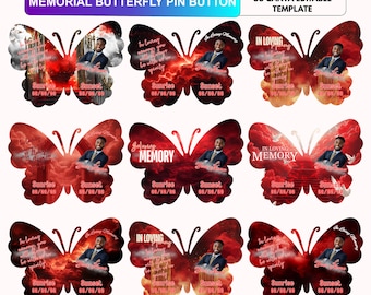 Szablon Canva z przypinką pamiątkową z motylem, odznaka pogrzebowa z motylem, przypinka z miłością i pamięcią, projekt pomnika upamiętniającego życie
