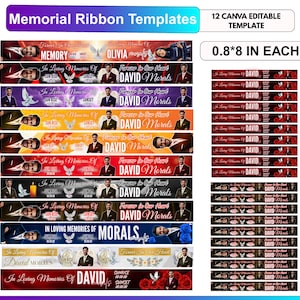 Puede incluir: Un conjunto de 12 plantillas de cintas conmemorativas editables en Canva, cada una de 2,03 por 20,32 cm. Los diseños presentan varios fondos de colores, ilustraciones de palomas y texto que incluye In Loving Memories, Forever in Our Heart y David Morals.
