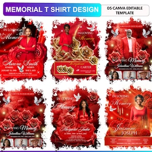 Designpaket för minnes-T-shirts | Redigerbar Canva-mall för att minnas | Begravningsceremoni för livets firande | Röd ros, RIV-minnesmärke, PNG