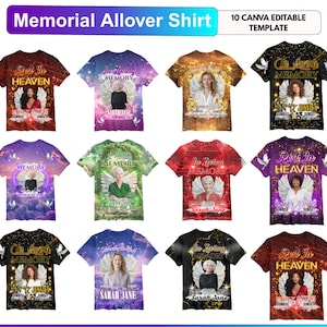 Può includere: Una collezione di dodici magliette a maniche corte con disegni commemorativi e testi come Rest In Heaven e In Loving Memory. Ogni maglietta mostra il ritratto di una persona incorniciato da ali d'angelo, stelle, nuvole ed elementi floreali.