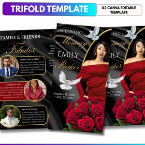 Könnte beinhalten: Eine dreifach gefaltete Trauerprogramm-Vorlage mit schwarzem Hintergrund, goldenem Text, roten Rosen und weißen Tauben. Das Design enthält kreisförmige Fotorahmen für Nachrufe, den Namen Emily Parker und Daten. Das Layout ist für Gedenkfeiern editierbar.