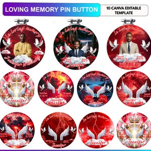 May include: Ten circular pin buttons featuring memorial designs with red backgrounds, white angel wings, doves, clouds, and text including In loving memory, Sunrise, Sunset, and the name Jennifer Williams, presented as a Canva editable template.