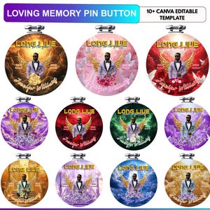 Può includere: Una collezione di undici spille rotonde con un design commemorativo che riporta il testo LONG LIVE e Forever In Our Hearts. Ogni spilla mostra una persona in abito con ali dorate, accenti floreali e il nome Jennifer Williams.