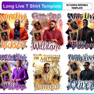 Könnte beinhalten: Eine Sammlung von sechs digitalen T-Shirt-Vorlagen mit Gedenk-Designs, die Porträts von Männern in Anzügen, verzierte goldene Rahmen und Text wie Long Live, In Loving Memory sowie Namen wie Jackson, Willilam, James und Oliver zeigen.