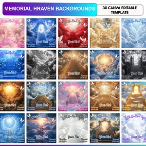 May include: A collection of 20 digital memorial background templates featuring heavenly stairways, clouds, and doves. Each image includes the text Until We Meet Again, Your Text, Sunrise, and Sunset. The set is labeled Memorial Hraven Backgrounds.
