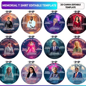 May include: A collection of twelve circular memorial T-shirt templates featuring portraits of individuals against celestial backgrounds. Each design includes the text In loving memory, Sunrise 4/24/2045, Sunset 4/24/2045, and a name like Olivier or Olivia.