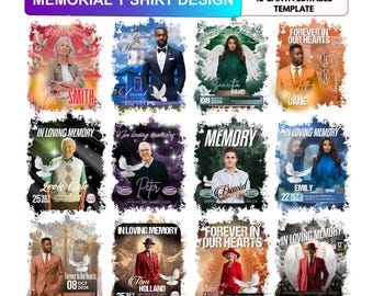 Lot de conceptions de t-shirt commémoratif, modèle de toile de chemise funéraire, t-shirt In Loving Memory, chemise hommage modifiable, 18 modèles