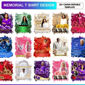 May include: A collection of fifteen memorial t-shirt design templates featuring "In Loving Memory" text, portraits of individuals, floral accents like roses, and doves. The digital graphic set includes editable Canva layouts with various color themes.