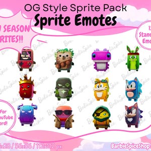 Puede incluir: Una colección digital de 12 emoticonos sprite de personajes con figuras coloridas y diseños distintos. El texto incluye OG Style Sprite Pack, Sprite Emotes, NEW SEASON SPRITES!!, 12 Standard Emotes, Great For Twitch, YouTube & Discord!, y los tamaños 28x28, 56x56, 112x112 px.