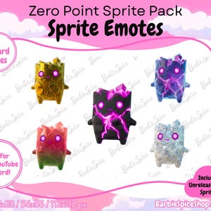 May include: A digital graphic titled Zero Point Sprite Pack Sprite Emotes featuring five small, crystalline creature illustrations in gold, purple, black with pink veins, red-green gradient, and silver, each with glowing pink eyes and a simple mouth.