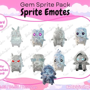 Puede incluir: Una colección digital titulada Gem Sprite Pack Sprite Emotes que presenta nueve ilustraciones de personajes cristalinos. Los sprites tienen cuerpos facetados y translúcidos con diversas expresiones, ojos brillantes y accesorios como capuchas.