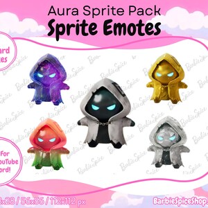 Könnte beinhalten: Ein digitales Paket mit fünf Sprite-Emotes, die vermummte Figuren mit leuchtend blauen Augen zeigen. Die Designs umfassen eine violette Galaxie, Gold, einen orange-grünen Verlauf, Weiß und Silbergrau. Text Aura Sprite Pack, Sprite Emotes.