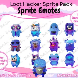 Puede incluir: Una colección digital de 15 emoticonos Loot Hacker Sprite con varios personajes pixelados en azul y morado. La imagen incluye el texto Loot Hacker Sprite Pack, Sprite Emotes, 15 Standard Emotes, Great For Twitch, YouTube & Discord!, y los tamaños 28x28, 56x56, 112x112 px.