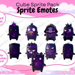 May include: A digital collection of eight purple and black cube-shaped character emotes with various expressions. The text reads Cube Sprite Pack, Sprite Emotes, 8 Standard Emotes, Great For Twitch, YouTube & Discord!, and sizes 28x28, 56x56, 112x112 px.