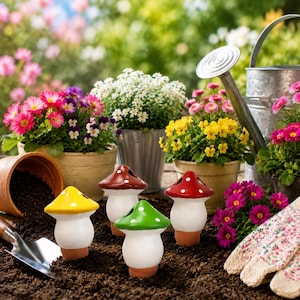 4 estacas de riego para plantas con forma de hongo, globos de cerámica con autorriego para plantas de interior y exterior, regalo para el cuidado de plantas y decoración de jardines de hadas.