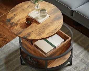 Runder Lift-Top-Couchtisch für kleines Wohnzimmer, moderner Aufbewahrungscouch mit Metallrahmen, platzsparende Wohnmöbel