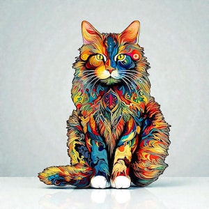 Peut inclure: Illustration colorée et stylisée d'un chat aux motifs complexes dans des tons de bleu, jaune, orange et rouge. Le chat est assis, la queue enroulée sur le côté, avec des pattes blanches et des yeux jaunes.