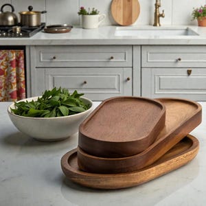 May include: A stack of three wooden serving trays in varying sizes. The trays are oval-shaped with raised edges and a rich, dark brown color. A white bowl filled with green leafy herbs sits nearby.