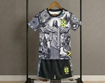 Neymar Brazilië Kinder Voetbaltenue – Christus de Verlosser Speciale Editie – Jongens Voetbalshirt & Shorts Set