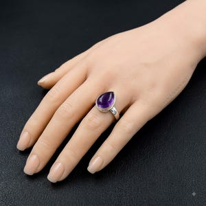 Natural Amethyst Ring, Silver Plated Ring, Pear Cabochon Gemstone Ring, Handmade Purple Crystal Ring, Teardrop Amethyst Ring, Gift for Her.