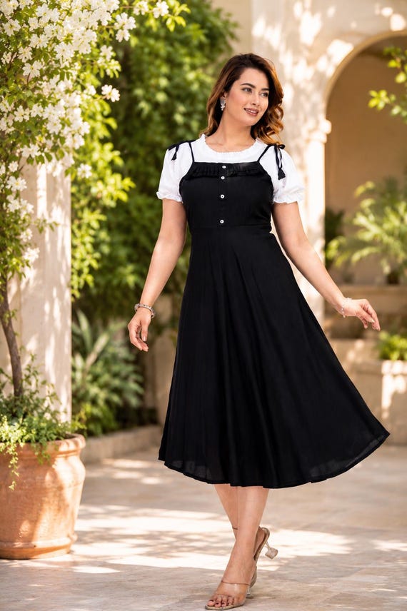 formal dungaree dress Black Dungaree Midi Dress, White Puff Sleeve, Layered Boho Outfit