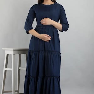 Röd enfärgad maxiklänning för gravida med amningsdragkedjor, graviditetsklänning i rayon, babyshower-outfit, lång k