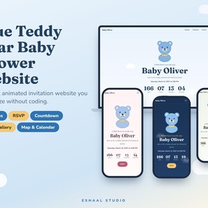 May include: A digital baby shower invitation website template featuring a blue teddy bear graphic, Baby Oliver text, and a countdown timer. The layout includes mobile and desktop views with RSVP, photo gallery, map, and calendar features.