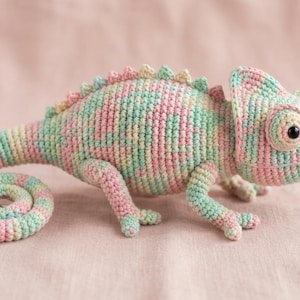 Haakpatroon voor een kameleon (PDF), amigurumi met geschreven tekst en stapsgewijze afbeeldingen, garen met verschillende kleuren.