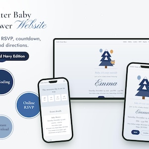 Peut inclure: Un modèle de site web pour baby shower d'hiver avec un thème bleu marine givré. L'affichage présente un ordinateur portable et deux smartphones montrant les détails de l'événement, un RSVP en ligne, un compte à rebours et un plan pour Emma.
