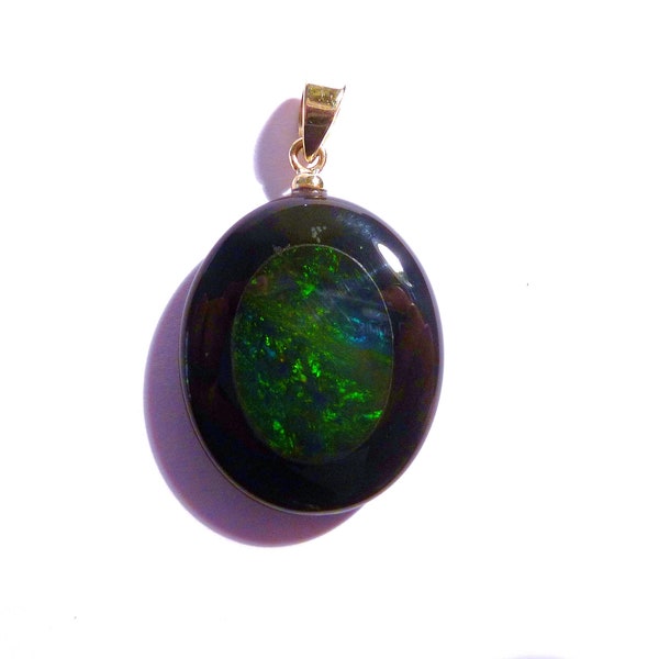 Unique Natural Australian Inlayed Opal, Black Glass and 14k Gold Bead Pendant