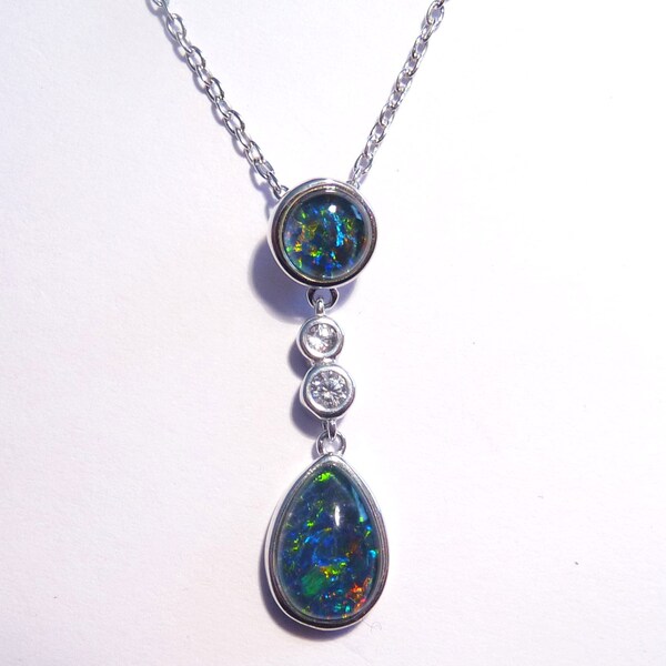 PRE EASTER SALE Pretty Australian Opal, Cubic Zirconia and Sterling Silver Drop Pendant (3236)