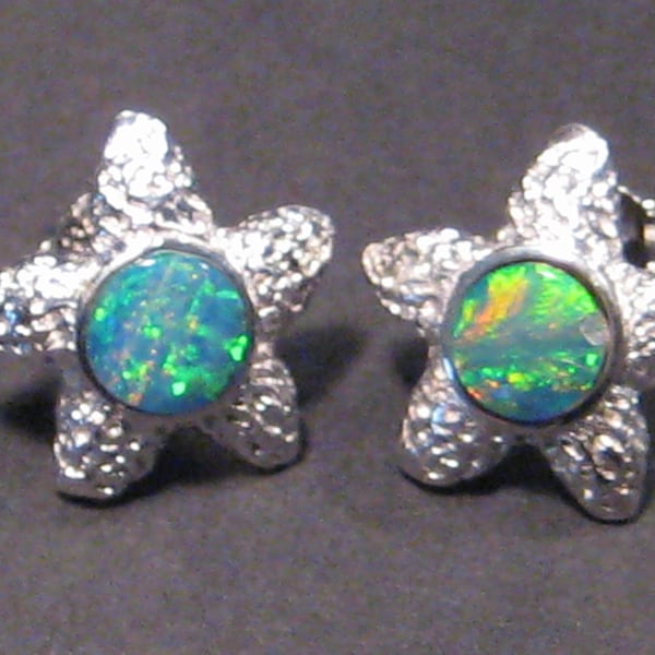 Pretty Natural Australian Opal and Solid Sterling Silver Stud Star Earrings (599)