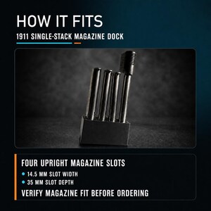 May include: A black 1911 single-stack magazine dock featuring four upright slots for holding magazines. The text reads HOW IT FITS, 1911 SINGLE-STACK MAGAZINE DOCK, FOUR UPRIGHT MAGAZINE SLOTS, 14.5 MM SLOT WIDTH, 35 MM SLOT DEPTH, VERIFY MAGAZINE FIT BEFORE ORDERING.