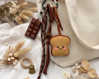 Personalized Leather Toast Bag Charm, Bread Handbag Keychain, Cute Rope Purse Accessory, Funny Backpack Decor, Gift For Her, Birthday Gift