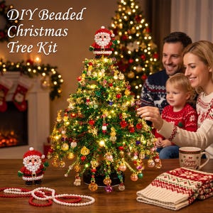 May include: A DIY Beaded Christmas Tree Kit featuring a green beaded tree with colourful ornaments, a beaded Santa Claus topper, a separate beaded Santa figurine, and a strand of white and red beads on a wooden surface with holiday decor.