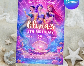 Convite de aniversário de sereia editável, convite para festa de sereia Kpop, convite de aniversário de caçadores de demônios Kpop, modelo editável do Canva