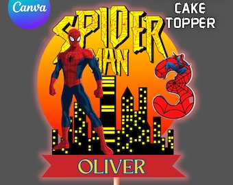 Topo de Bolo do Homem-Aranha para Imprimir | Nome e Idade Personalizados | Decorações para Festa de Aniversário de Super-Heróis | Arquivo Editável no Canva