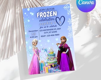 Convite de Aniversário Frozen Four: A Primeira Vez na Eternidade - Convite para Festa de 4 Anos com Tema da Elsa e Anna - EDITÁVEL