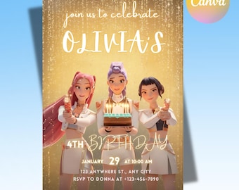 Convite de aniversário inspirado em Caçadores de Demônios (Kpop) | Modelo editável no Canva | Convite de anime Kpop | Download digital | Cartão imprimível para crianças