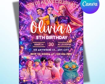 Convite de aniversário inspirado em Caçadores de Demônios (Kpop) | Modelo editável no Canva | Convite de anime Kpop | Download digital | Cartão imprimível para crianças