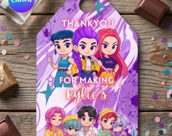 Etiquetas de agradecimento K-Pop Demon Hunter, etiquetas imprimíveis para lembrancinhas de festa, etiquetas de presente de aniversário Huntrix Saja Boys, editáveis no Canva, etiquetas de lembrancinha K-pop