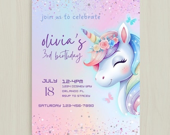 Convite de Aniversário Unicórnio, Editável 5x7, Convite de Aniversário Unicórnio em Aquarela para Meninas, Festa de Aniversário Mágica em Tons Pastel de Arco-Íris