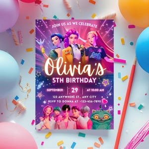 Pode incluir: Um vibrante convite de anivers&aacute;rio com o texto "Olivia's 5th Birthday". O design apresenta personagens animados, estrelas e notas musicais. O convite inclui a data, hora e informa&ccedil;&otilde;es de RSVP, rodeado por confetes e bal&otilde;es coloridos.