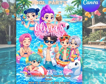 Convite de aniversário Kpop editável no Canva, convite para festa de anime infantil, convite de aniversário imprimível para festa na piscina Kpop