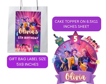 Kit de Etiquetas para Sacolas de Presente e Topper de Bolo Kpop Demon Hunters | Modelo Editável | Decorações para Festa de Aniversário Kpop | Placa para Sacolas de Lembrancinhas Huntrix