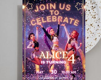 Convite de aniversário estilo Caçadores de Demônios Kpop, convite editável para festa infantil Kpop, convite de aniversário com tema musical, convite de aniversário estilo Kpop