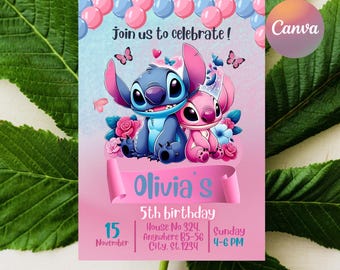 Convite de aniversário do Lilo & Stitch, modelo editável do Canva, convite para festa infantil, modelo de convite de aniversário do Stitch | Convite de desenho animado