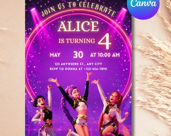 Convite de aniversário inspirado em Caçadores de Demônios (Kpop) | Modelo editável no Canva | Convite de anime Kpop | Download digital | Cartão imprimível para crianças